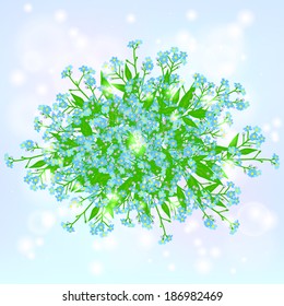 Vector floral spring background with drawings of a bouquet of small blue flowers known as forget-me-nots or Jack Frost flower can be used for Mother's day card, wedding invitation, or seasonal sale ad