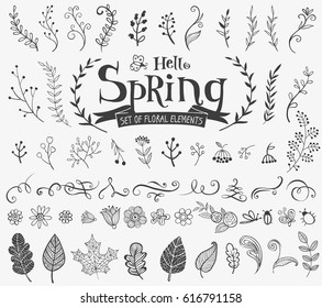 Vector floral spring design elements in doodle style, hand-drawn flowers and insects and plants