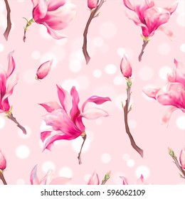 Vector Floral Spring Seamless Pattern, Vintage Flowers Bouquet, Magnolia, Twigs and Leaves, botanical watercolor illustration on white background.