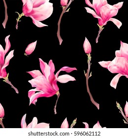 Vector Floral Spring Seamless Pattern, Vintage Flowers Bouquet, Magnolia, Twigs and Leaves, botanical watercolor illustration on white background