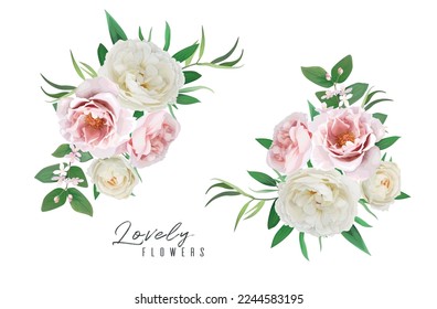 Muelle vectorial floral, ilustración de ramo de verano. Flores rosadas, crema de marfil, rosa blanca, hojas verdes, ilustración. Conjunto de elementos editable, acuarela y diseñador. Elegante decoración de invitados de boda