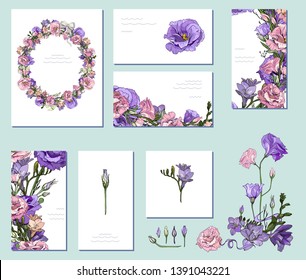Vector Floral spring templates with elegant bunches of violet purple pink Eustoma Lisianthus and Freesia. For romantic and wedding design, announcements, greeting cards, posters, advertisement.