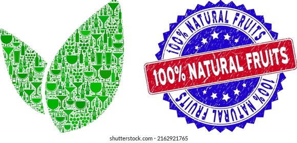 Collage vectorial de ícono de brote floral y timbre bicolor 100 por ciento de frutas naturales. Sello bicolor rojo y azul con superficie corroída y etiqueta de 100 por ciento de frutas naturales.