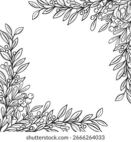 Vector floral square border with monochrome foliage hand painted by black inks. Pyracantha plant frame with copy space for text. Template for invitations, holiday greeting cards, festive packaging