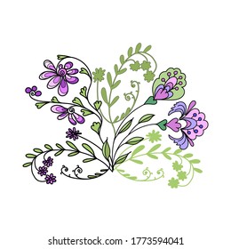 Tarjeta cuadrada floral vectorial. Esbozo de flores rosadas pequeñas dibujadas a mano recogidas en un ramo aislado de fondo blanco, lugar de texto