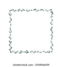 Marco vectorial de forma cuadrada floral. Las hojas verdes y los puntos bordean. Espacio de copia botánica dibujado a mano, plantilla, en blanco, aislado en fondo blanco.