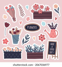 Vector floral stiker set with flovers and thematic elements
