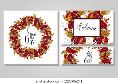 Vector floral style card design Autumn season border frame set: colorful orange yellow burgundy red fall tree leaf, branch. Postcard, party, banner, poster wedding invite, menu card template.