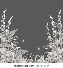 Vector floral summer background. Hand drawn sketch meadow with grass, flowers, bee