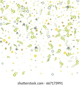 Vector floral summer background. Rain of small flowers, branches and leaves print. Good for scrapbooking, greeting card and banners, wedding, anniversary, birthday, Valentin's day, party invitations.