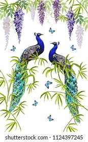 Vector floral summer  background with tropical wisteria flowers, bamboo, peacocks, butterflies. Perfect for wallpapers, web page backgrounds, surface textures, textile. A traditional indian ornament