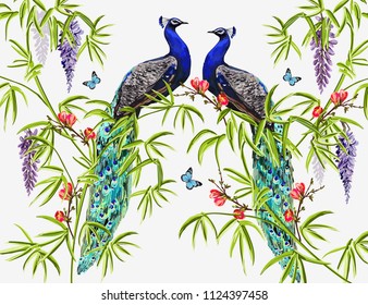 Vector floral summer  background with tropical japanese sakura, wisteria, bamboo, peacocks, butterflies. Perfect for wallpapers, web page backgrounds, surface textures, textile. A traditional ornament
