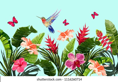 Vector floral summer pattern background illustration  with hummingbird, coconut banana palm leaves, butterflies,heliconia, hibiscus. orchid.  Perfect for wallpapers, web page backgrounds, textures