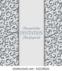 Vector floral swirls decorated invitation card. Abstract 3D background design template with place for text. White simple lace with shadow, paper cut effect