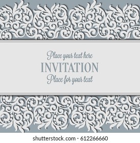 Vector floral swirls decorated invitation card. Abstract 3D background design template with place for text. White simple lace with shadow, paper cut effect