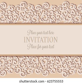 Vector floral swirls decorated invitation card. Abstract 3D background design template with place for text. Beige simple lace with shadow, paper cut effect