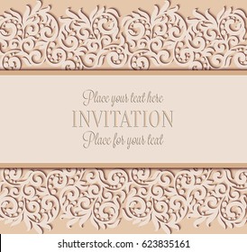 Vector floral swirls decorated invitation card. Abstract 3D background design template with place for text. Beige simple lace with shadow, paper cut effect