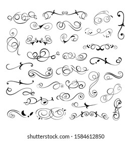 Vector floral swirls set isolated on white background, black lines, flourish frames, filigree elements.