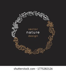 Vector floral symbol. Nature vintage wreath. Art drawn illustration isolated on black background. Coffee branch, tropical aroma bean. Organic lux card, bio frame