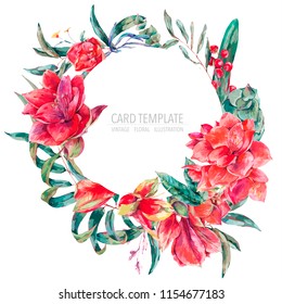 Vector floral template card of red flowers, Amaryllis, eucalyptus, tropical leaves and succulents, botanical natural vintage round frame