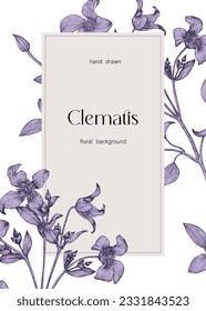 Vector floral template for greeting card design. Clematis flowers outline with purple filling. Violet elements on a beige and white background. Hand drawn illustration