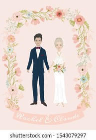 Vector floral template illustration on pink background - wife and husband couple with wreath / frame and ribbon for names. 