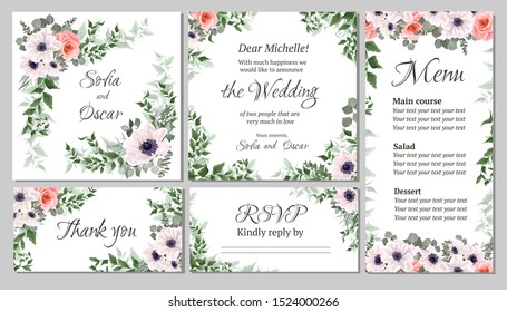 Vector floral template for invitation card, rsvp, thank you menu. Beautiful white anemones, pink roses, eucalyptus, green branches, leaves and plants. All elements are isolated.