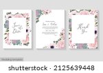 Vector floral template for wedding invitation. Pink roses, white anemones, pink magnolia, sakura, succulents, gypsophila, eucalyptus.