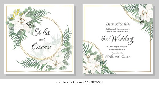Vector floral template for wedding invitation. Eucalyptus, berries, green plants and leaves, lily flowers, mimosa, round gold frame.