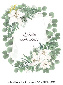 Vector floral template for wedding invitation. Eucalyptus, berries, green plants and leaves, lily flowers, mimosa, gold frame.