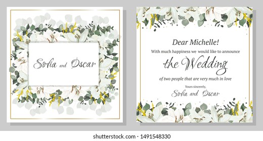 Vector floral template for wedding invitation. Eucalyptus, green plants and leaves, lily flowers, mimosa.