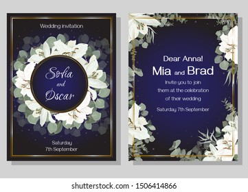 Vector floral template for wedding invitation. Eucalyptus, green plants and leaves, lily flowers, stars on a dark background. 