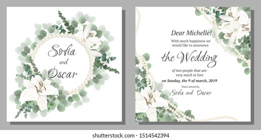 Vector floral template for wedding invitation. Eucalyptus, berries, green plants and leaves, lily flowers, mimosa, round pearl frame.