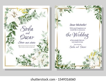 Vector floral template for wedding invitation. Eucalyptus, berries, green plants and leaves, lily flowers, mimosa.