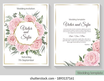 Vector floral template for wedding invitation. Pink roses, eucalyptus, green plants and leaves, asiatic buttercup. 