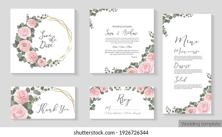 Vector Floral Template For Wedding Invitation. Pink Roses, Eucalyptus, Green Plants And Leaves. Gold Polygonal Frame.  Invitation Card, Thanks, Rsvp, Menu.