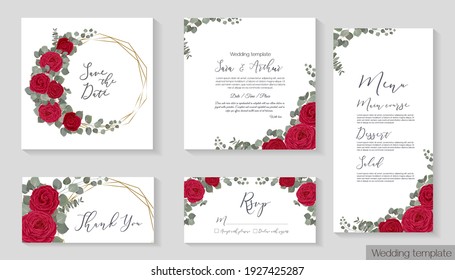 Vector floral template for wedding invitation. Red roses, eucalyptus, green plants and leaves. Gold polygonal frame.  Invitation card, thanks, rsvp, menu.