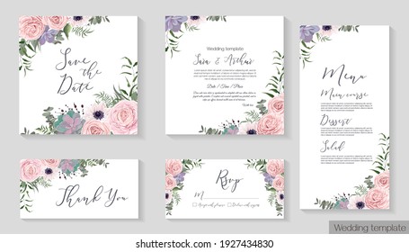 Vector floral template for wedding invitation. Pink roses, anemones, succulents, berries, green leaves and plants. Invitation card, thanks, rsvp, menu.