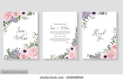 Vector floral template for wedding invitation. Pink roses, anemones, succulents, berries, green leaves and plants. 