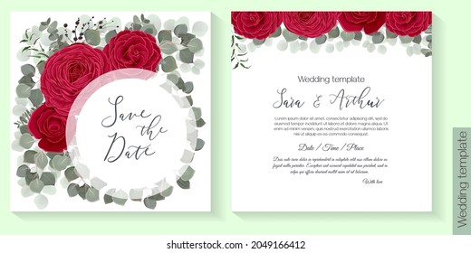 Vector floral template for wedding invitation. Red roses, eucalyptus, green plants and leaves. Gold polygonal frame.