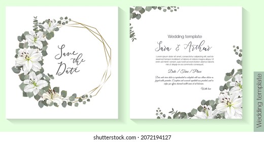 Vector floral template for wedding invitation. White royal lilies, eucalyptus, green plants and leaves. Gold polygonal frame.