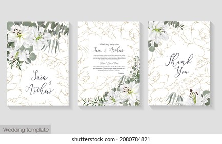 Vector floral template for wedding invitation. White royal lilies, eucalyptus, green plants and leaves.
