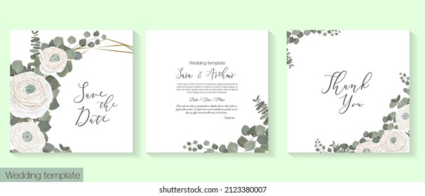 Vector floral template for wedding invitation. White roses, ranunculus, eucalyptus, green plants and leaves.