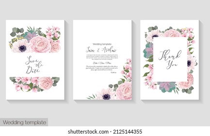 Vector floral template for wedding invitation. Pink roses, white anemones, pink magnolia, sakura, succulents, gypsophila, eucalyptus.