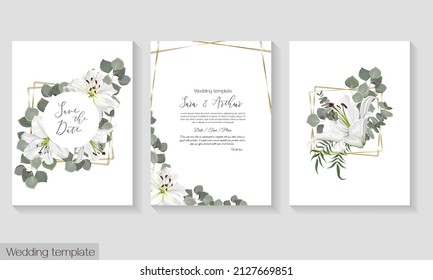 Plantilla vectorial floral para invitación a la boda. Lirios reales blancos, eucalipto, plantas verdes y hojas.
