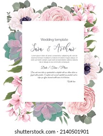 Vector floral template for wedding invitation. Pink roses, white anemones, pink magnolia, sakura, succulents, gypsophila, eucalyptus.