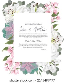 Vector floral template for wedding invitation. White lilies, pink magnolia, sakura, succulents, eucalyptus.