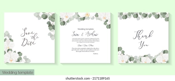 Vector floral template for wedding invitation. Delicate white orchids, juicy green eucalyptus, polygonal gold frame.