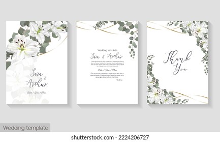 Vector floral template for wedding invitation. White royal lilies, eucalyptus, green plants and leaves.