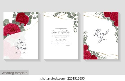 Vector floral template for wedding invitation. Red roses, eucalyptus, green plants and leaves.
